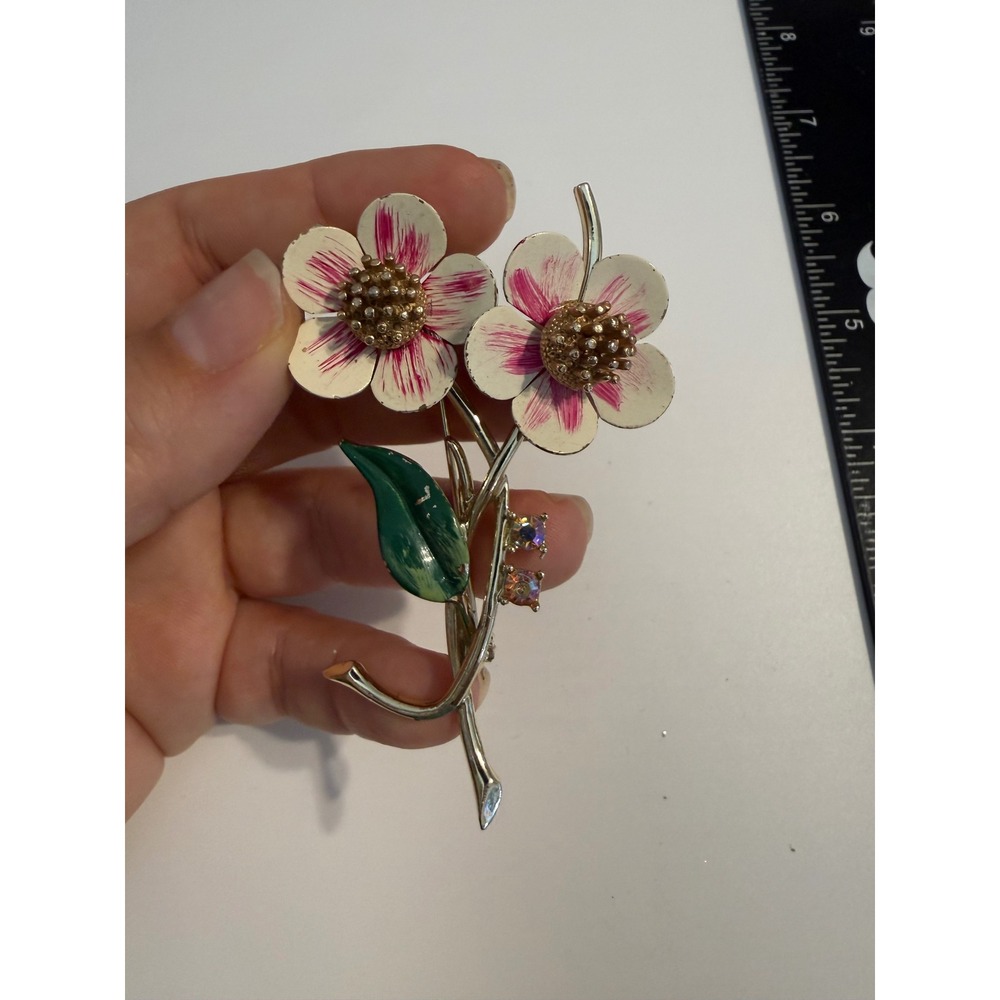 Vintage‎ Enamel Flower Brooch Pink Cream Gold Tone AB Rhinestone Floral Pin